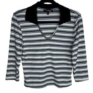 VTG‎ Y2K Preppy Academia Kontrol Sz L Horizontal Striped 3/4 Sleeve Polo Shirt